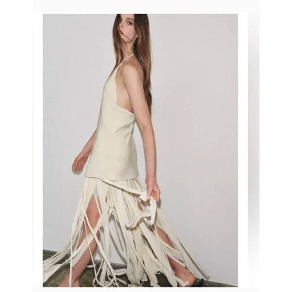 Zara ZW Combination Dress S Small Cream Halter Neck Fringe openback 3143/767 NWT
